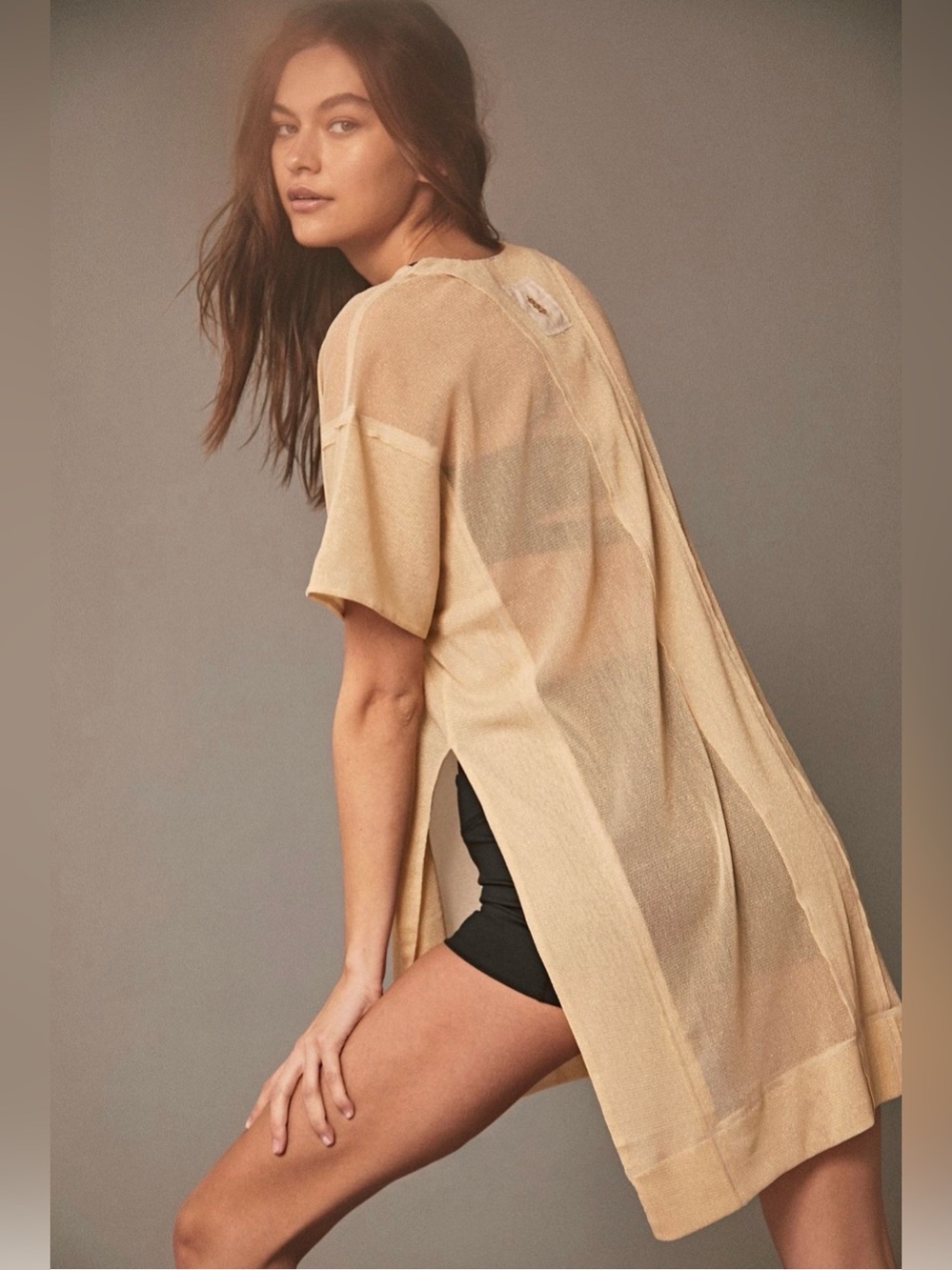 FP MOVEMENT Free People Sheer Metallic Short Sleeve Tunic NWOT Large